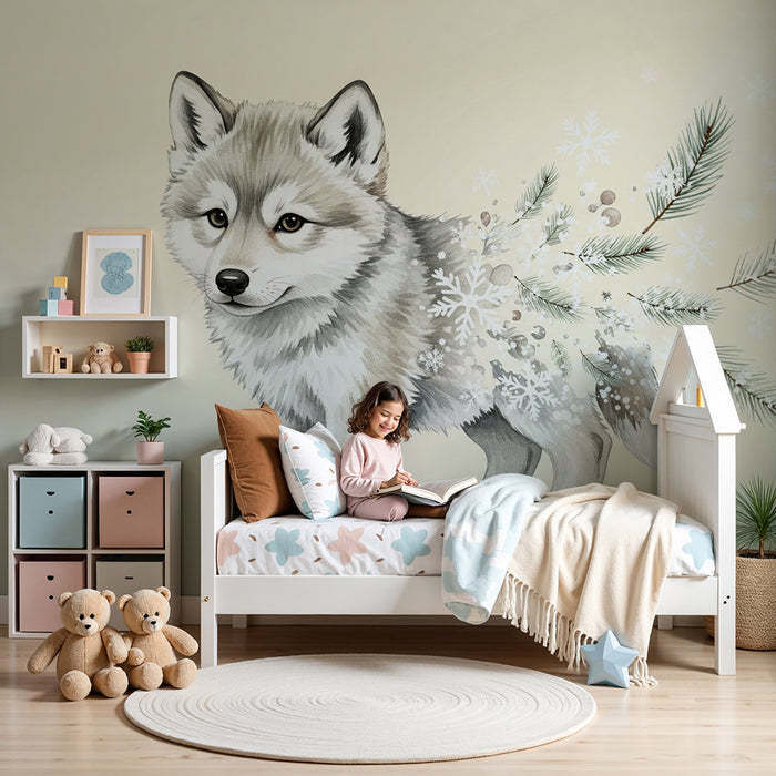 Papier peint chambre bébé | Mignon loup avec flocons de neige et branches de sapin