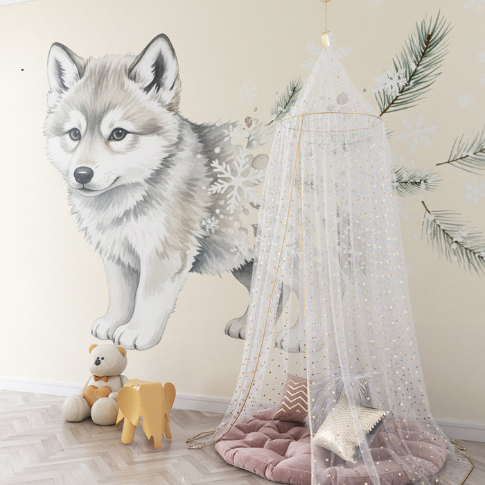 Papier peint chambre bébé | Mignon loup avec flocons de neige et branches de sapin