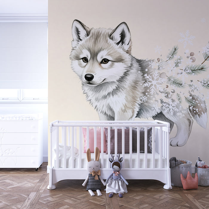 Papier peint chambre bébé | Mignon loup avec flocons de neige et branches de sapin