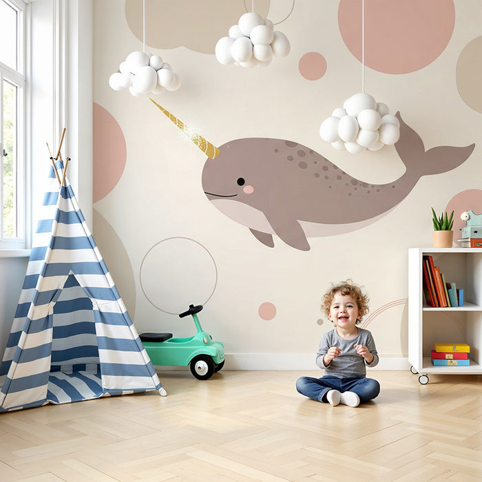 Barntapet | Söt narval med mjuka geometriska former