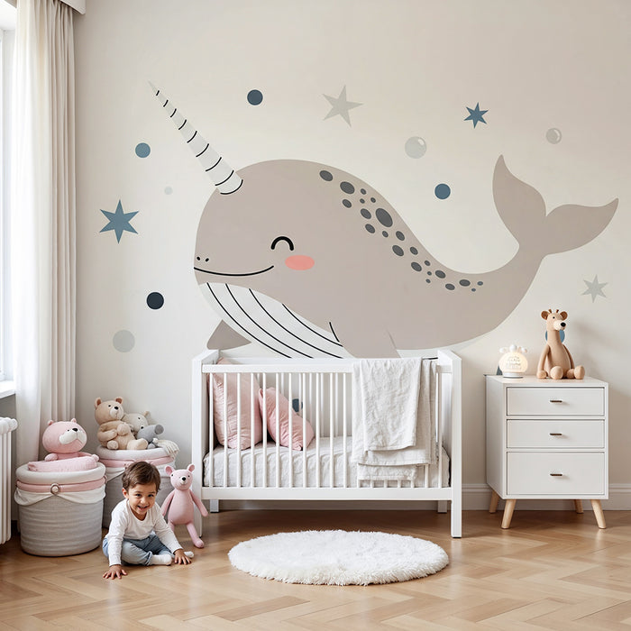 Lastenhuoneen tapetti | Söpö narwhal ja tähtiä pehmeän meren keskellä