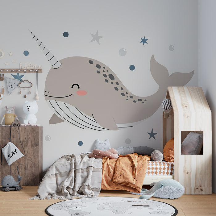 Lastenhuoneen tapetti | Söpö narwhal ja tähtiä pehmeän meren keskellä