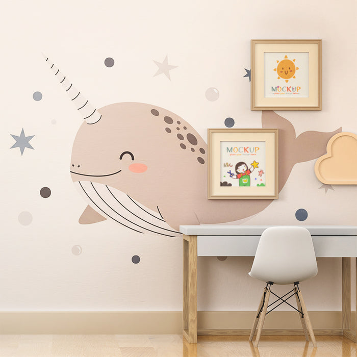 Lastenhuoneen tapetti | Söpö narwhal ja tähtiä pehmeän meren keskellä