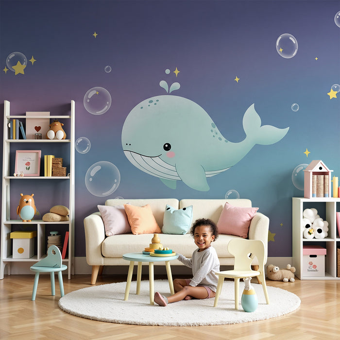 Lastenhuoneen tapetti | Söpö pieni valas uimassa kuplien ja tähtien keskellä