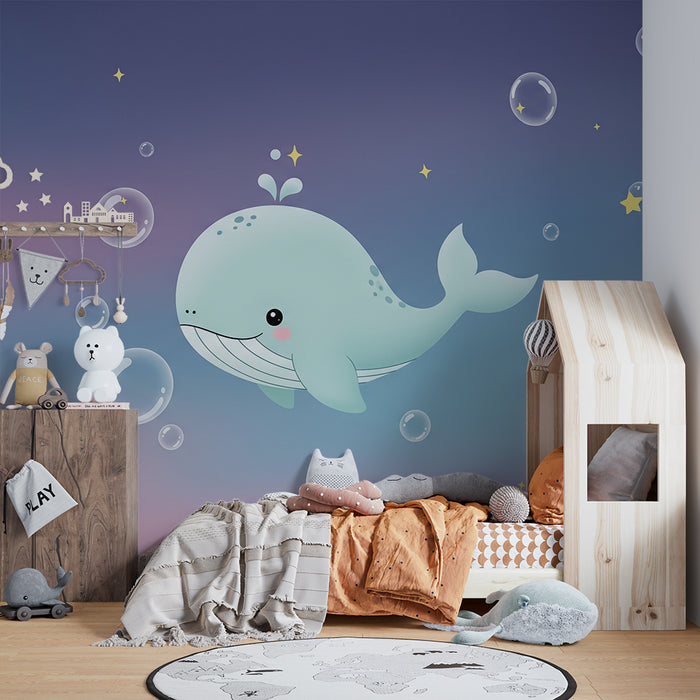 Lastenhuoneen tapetti | Söpö pieni valas uimassa kuplien ja tähtien keskellä