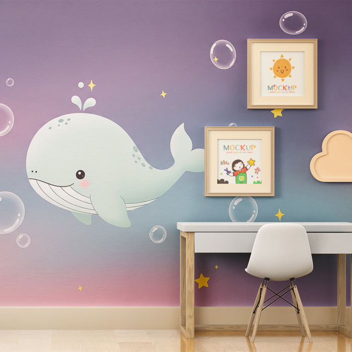 Lastenhuoneen tapetti | Söpö pieni valas uimassa kuplien ja tähtien keskellä