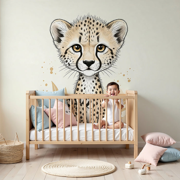 Papel pintado para habitación infantil | Adorable cachorro de guepardo con hojas tropicales