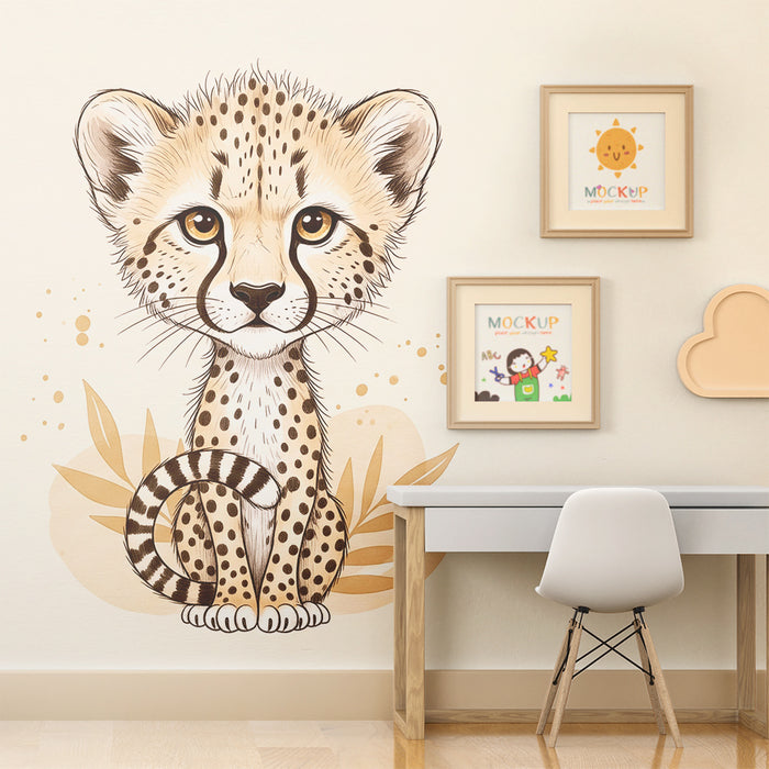 Papel pintado para habitación infantil | Adorable cachorro de guepardo con hojas tropicales