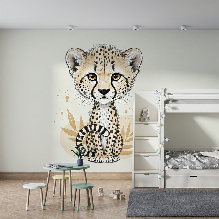 Papel pintado para habitación infantil | Adorable cachorro de guepardo con hojas tropicales