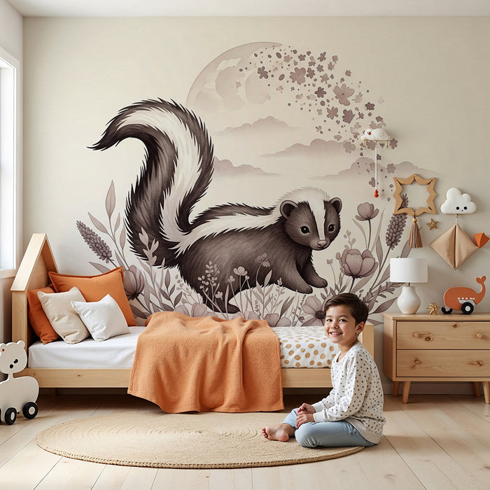 Papier peint chambre bébé | Mignon petit putois au milieu de fleurs délicates