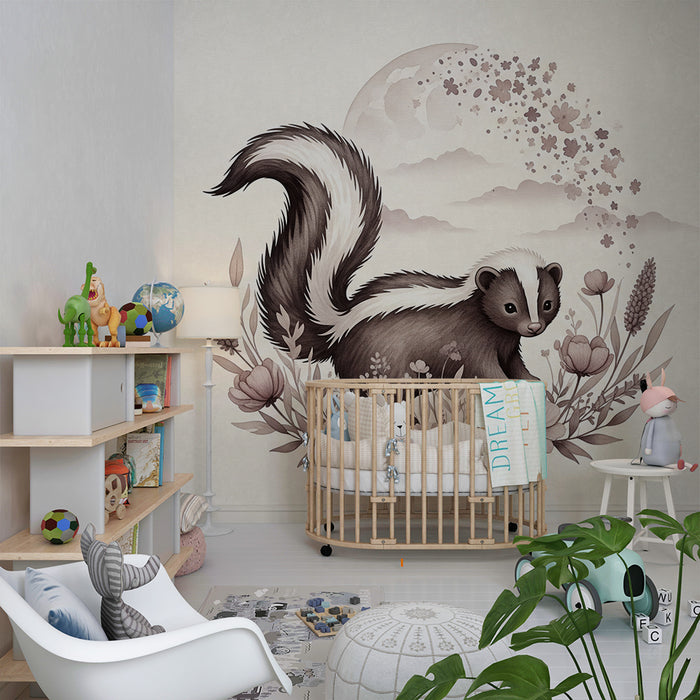 Papier peint chambre bébé | Mignon petit putois au milieu de fleurs délicates