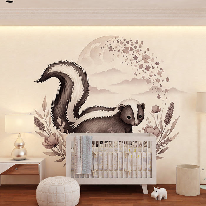 Papier peint chambre bébé | Mignon petit putois au milieu de fleurs délicates