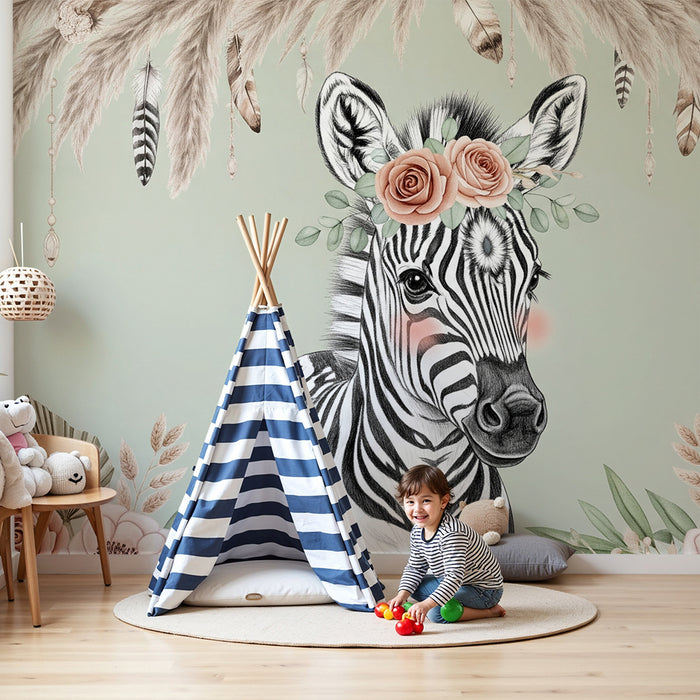Papier peint chambre bébé | Mignon zèbre avec fleurs et feuillage