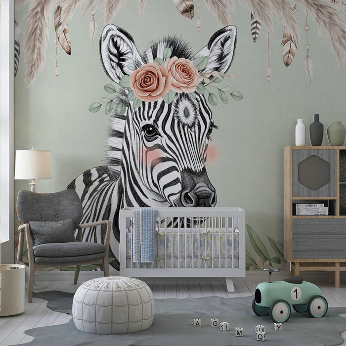 Papier peint chambre bébé | Mignon zèbre avec fleurs et feuillage