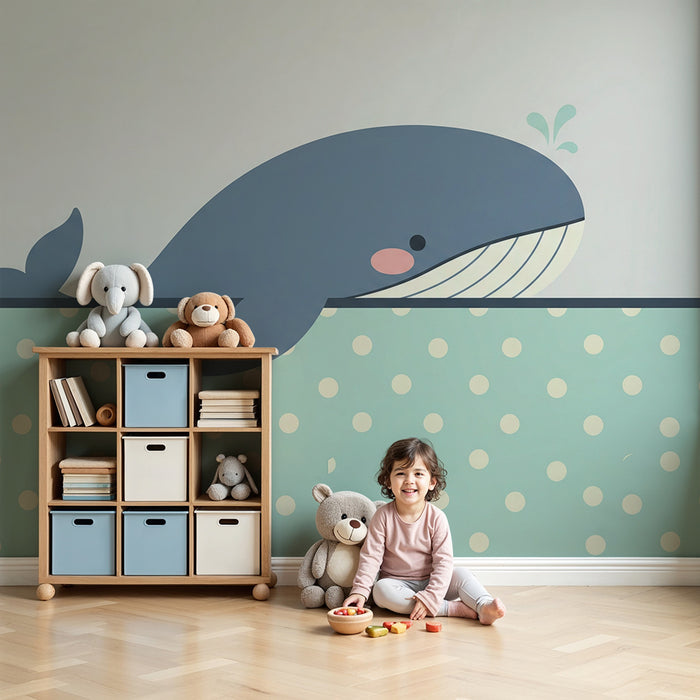 Carta da parati bambini | Carina balena che gioca in acqua con dei pois