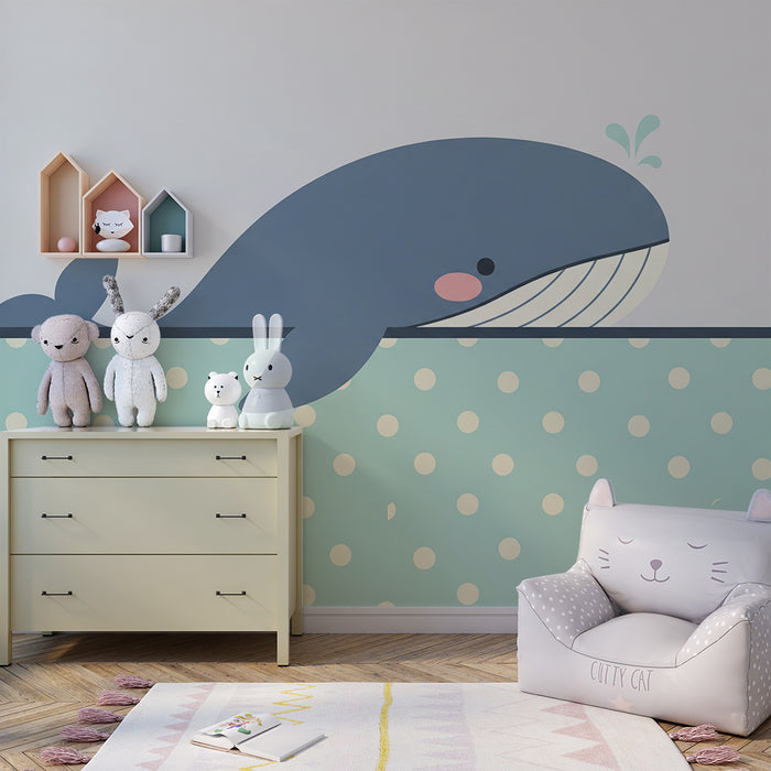 Carta da parati bambini | Carina balena che gioca in acqua con dei pois
