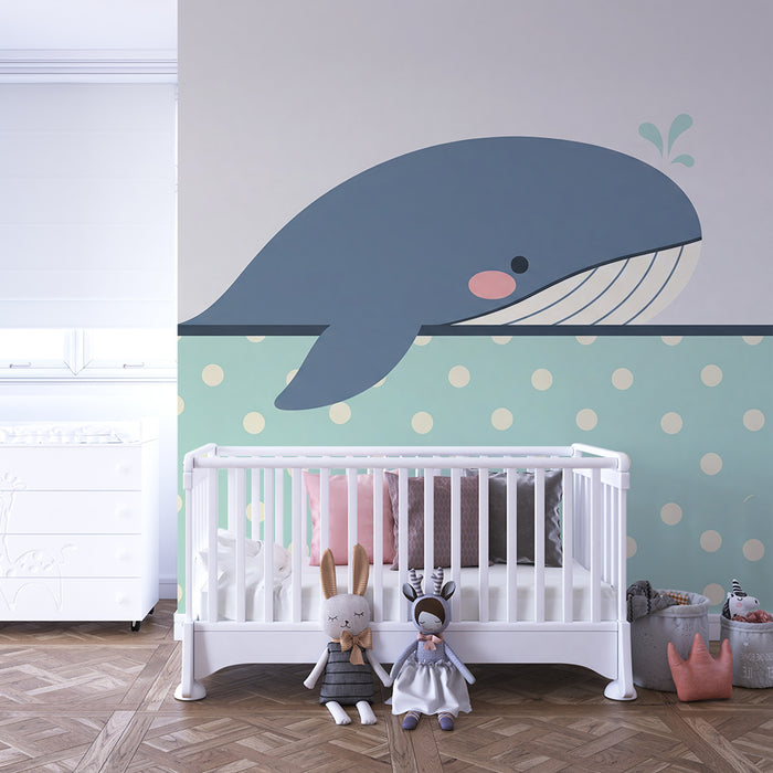 Carta da parati bambini | Carina balena che gioca in acqua con dei pois