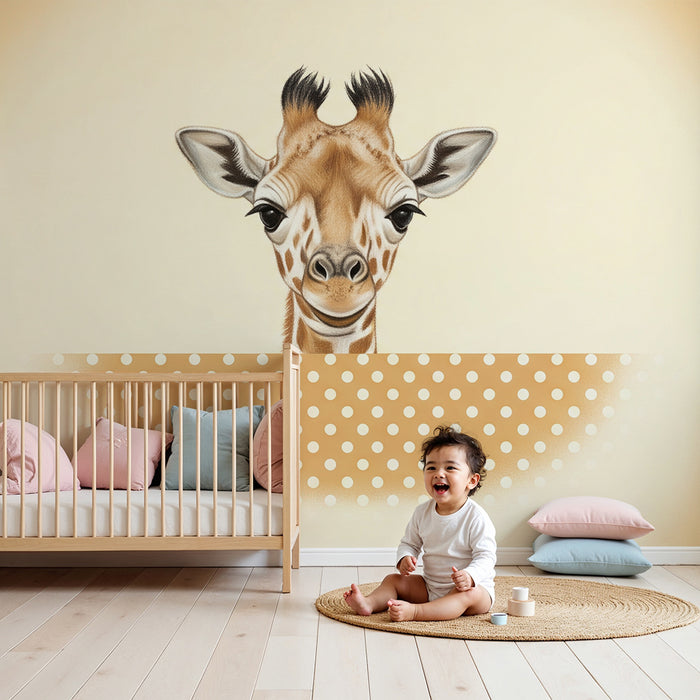 Papel de parede quarto bebê | Girafa bonita com olhar suave em fundo pastel