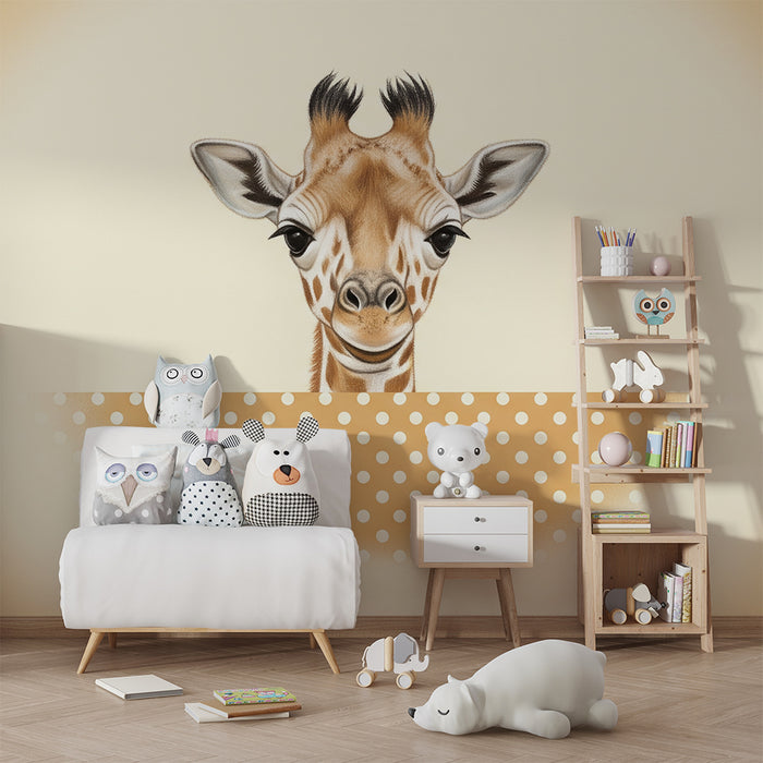 Papel de parede quarto bebê | Girafa bonita com olhar suave em fundo pastel