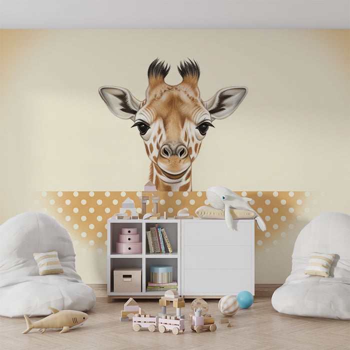 Papel de parede quarto bebê | Girafa bonita com olhar suave em fundo pastel