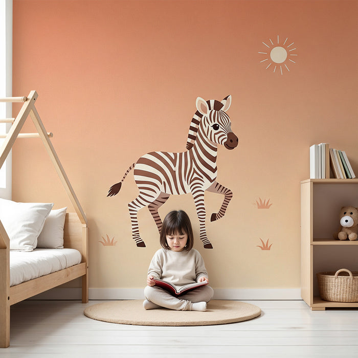 Lastenhuoneen tapetti | Söpö pieni seepra oranssilla väriliu'ulla taustalla