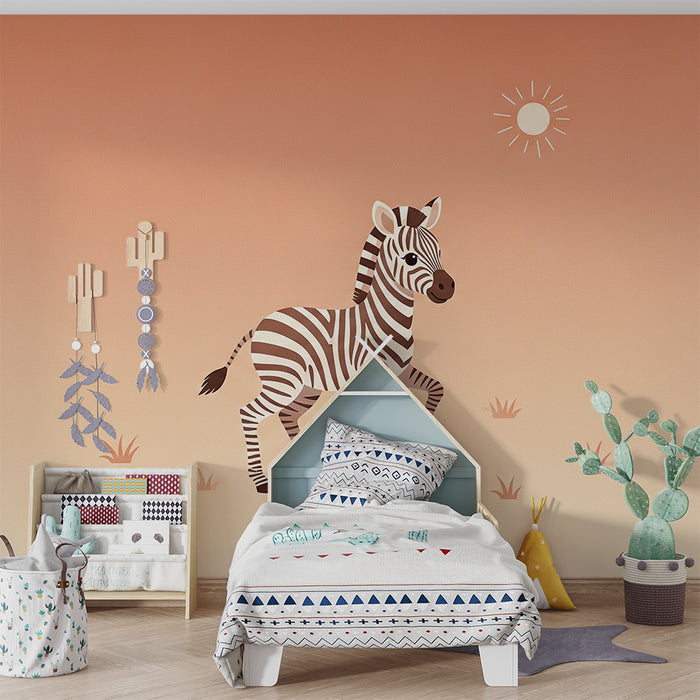 Lastenhuoneen tapetti | Söpö pieni seepra oranssilla väriliu'ulla taustalla