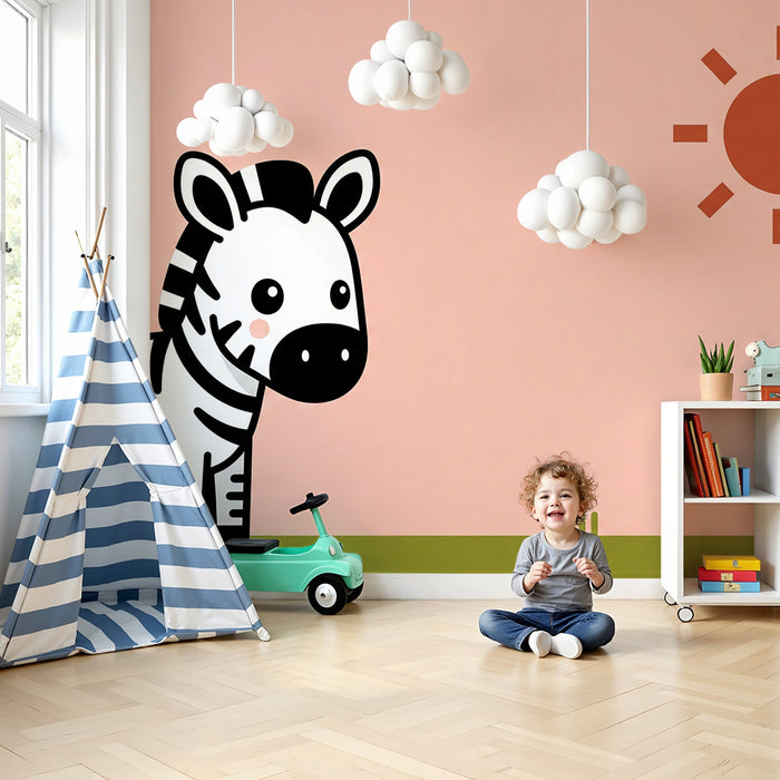 Lastenhuoneen tapetti | Söpö pieni seepra pastellisella taustalla auringon kanssa