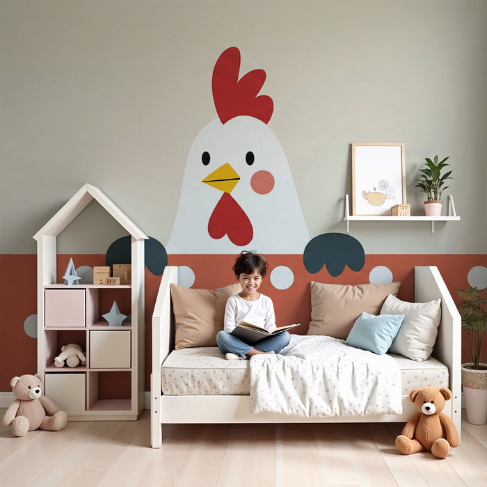 Barntapet | Söt färgglad höna på prickigt bakgrund