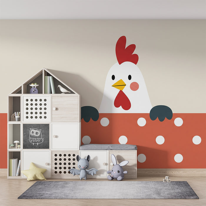 Barntapet | Söt färgglad höna på prickigt bakgrund