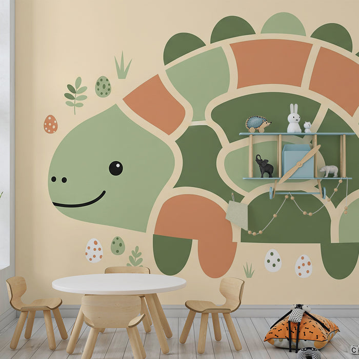 Børneværelse tapet | Sød farverig skildpadde med æg og blade