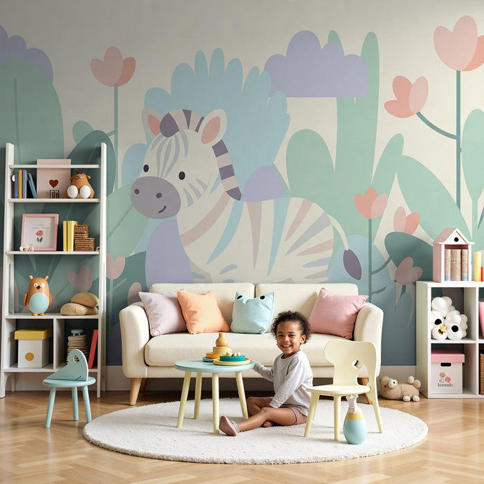 Babykamer behang | Schattige zebra te midden van pastelkleurige bloemen en bladeren
