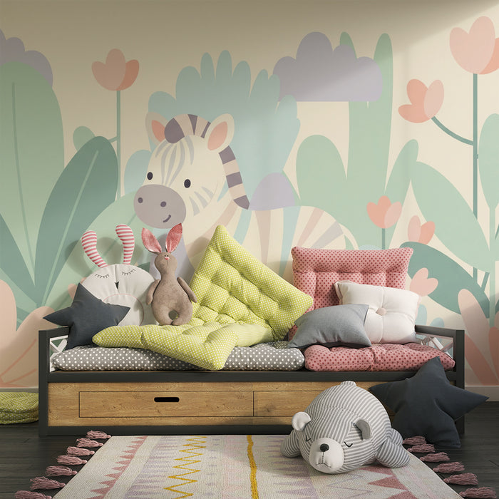 Babykamer behang | Schattige zebra te midden van pastelkleurige bloemen en bladeren