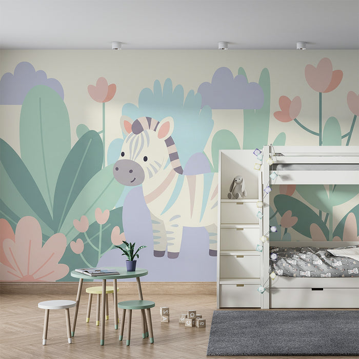 Babykamer behang | Schattige zebra te midden van pastelkleurige bloemen en bladeren