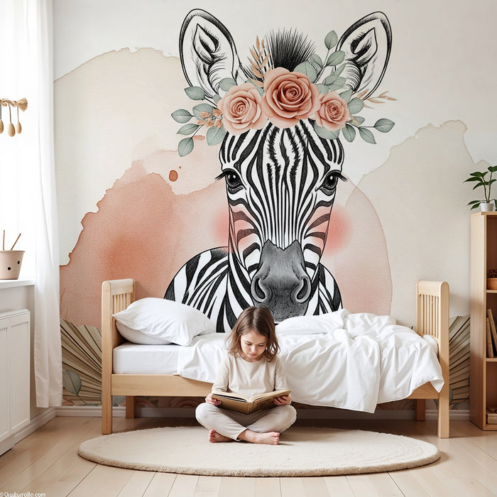 Papier peint chambre bébé | Mignonne zèbre avec couronne de fleurs