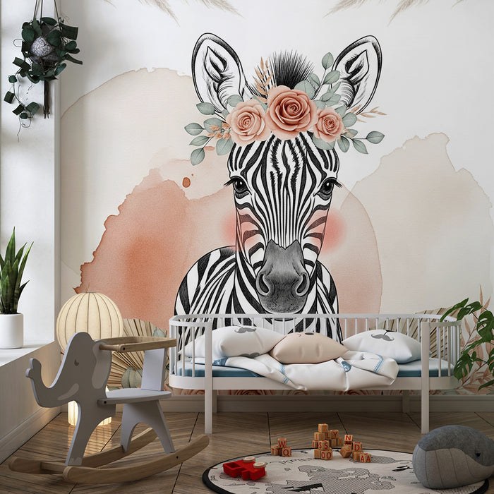 Papier peint chambre bébé | Mignonne zèbre avec couronne de fleurs