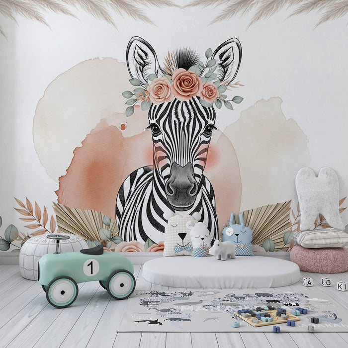 Papier peint chambre bébé | Mignonne zèbre avec couronne de fleurs