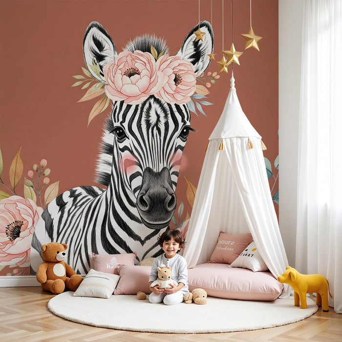 Babyzimmer Tapete | Niedliches Zebra mit Blumen