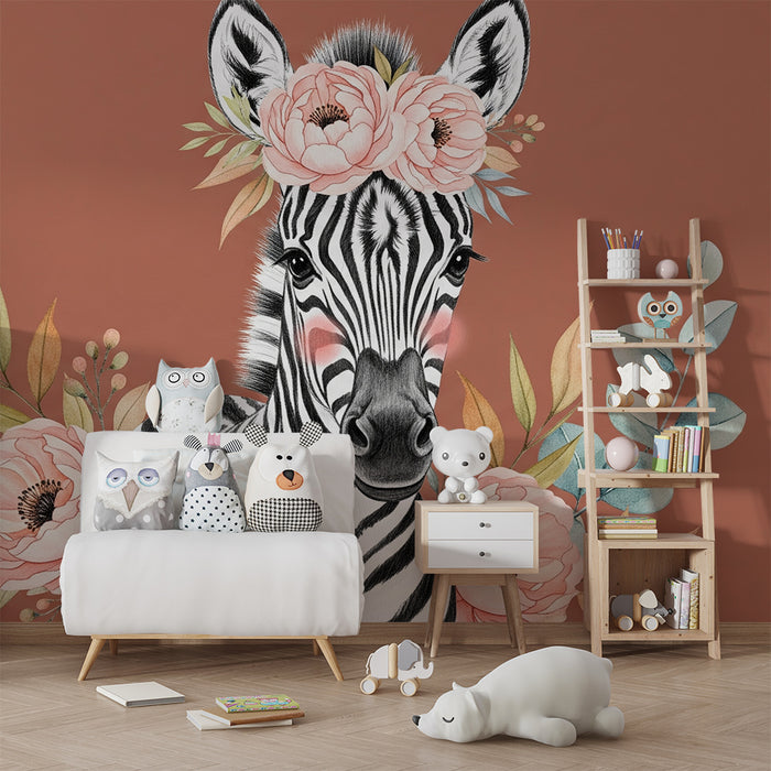Babyzimmer Tapete | Niedliches Zebra mit Blumen