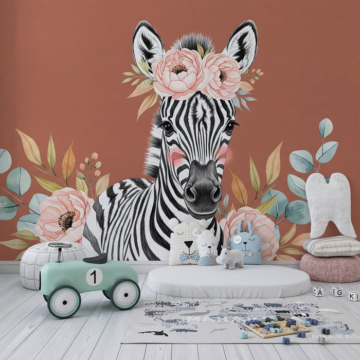 Babyzimmer Tapete | Niedliches Zebra mit Blumen