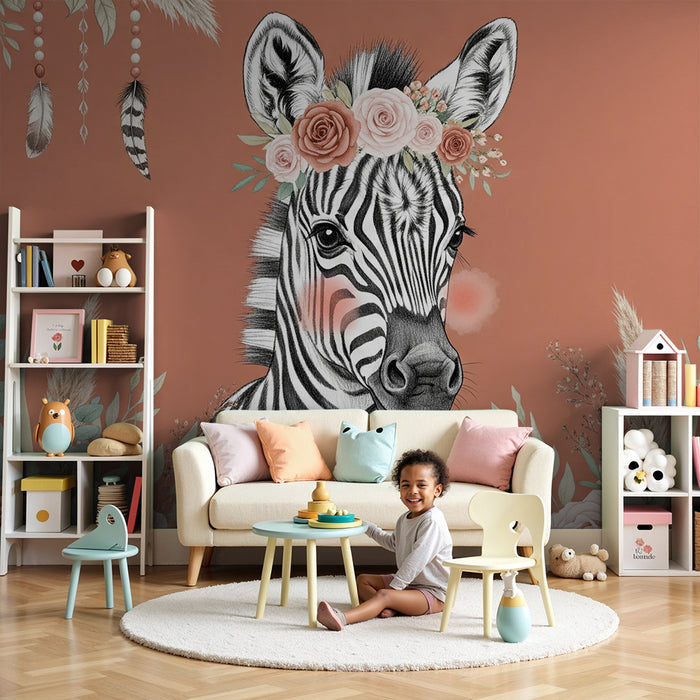 Babyzimmer Tapete | Niedliches Zebra mit Blumen und Federn