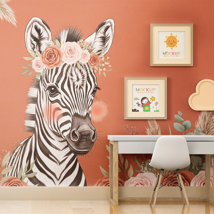 Babyzimmer Tapete | Niedliches Zebra mit Blumen und Federn