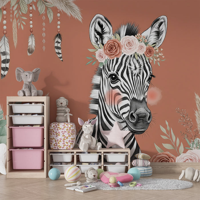 Babyzimmer Tapete | Niedliches Zebra mit Blumen und Federn