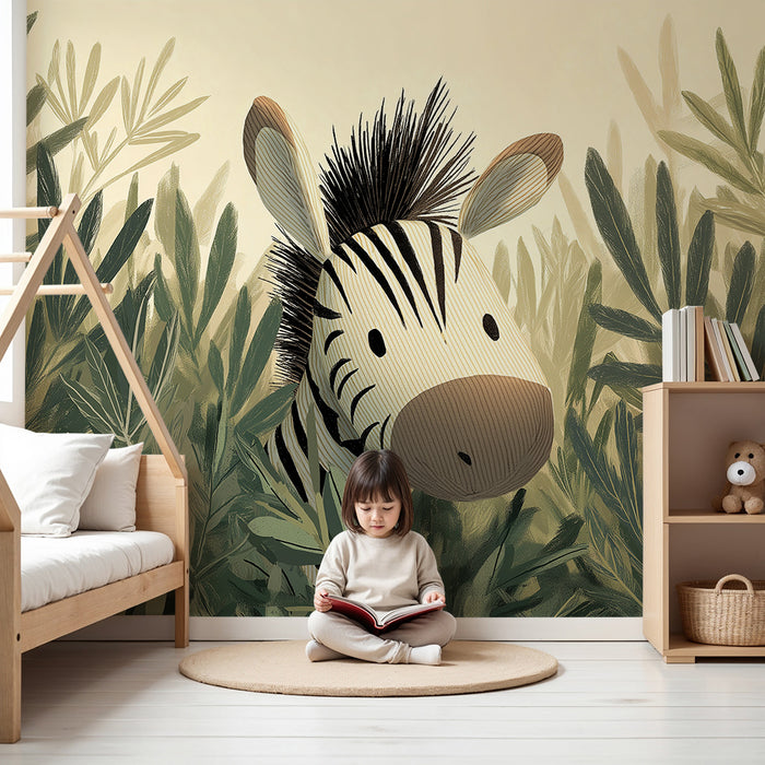 Barntapet | Söt zebra gömd i grönskan