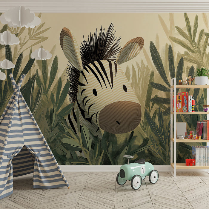 Barntapet | Söt zebra gömd i grönskan