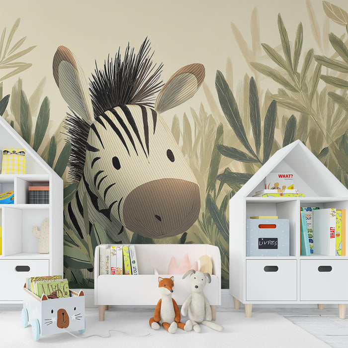 Barntapet | Söt zebra gömd i grönskan