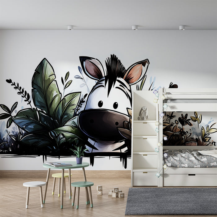 Papel de parede quarto bebê | Bonito zebra escondido entre as folhagens