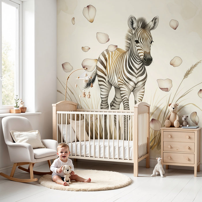 Papier peint chambre bébé | Mignonne zèbre dans un champ de fleurs délicates