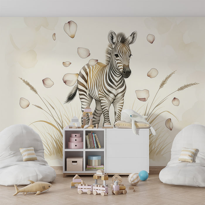 Papier peint chambre bébé | Mignonne zèbre dans un champ de fleurs délicates