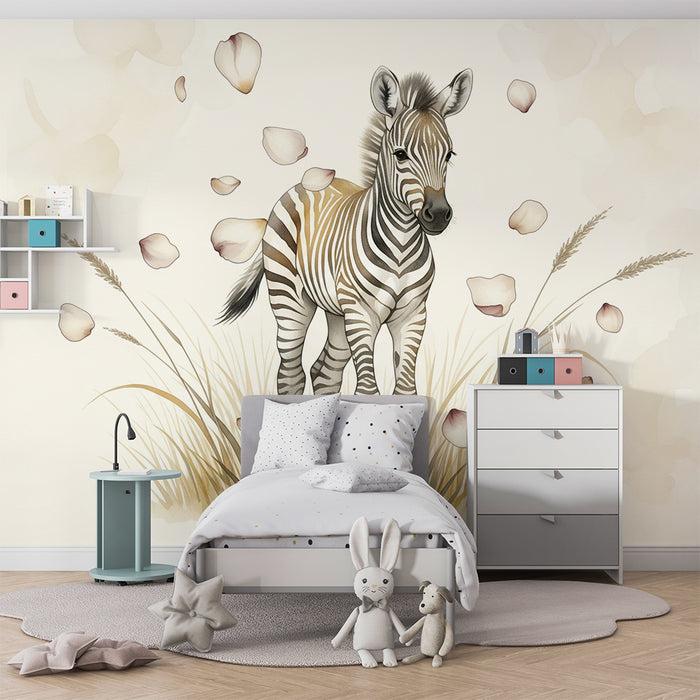 Papier peint chambre bébé | Mignonne zèbre dans un champ de fleurs délicates
