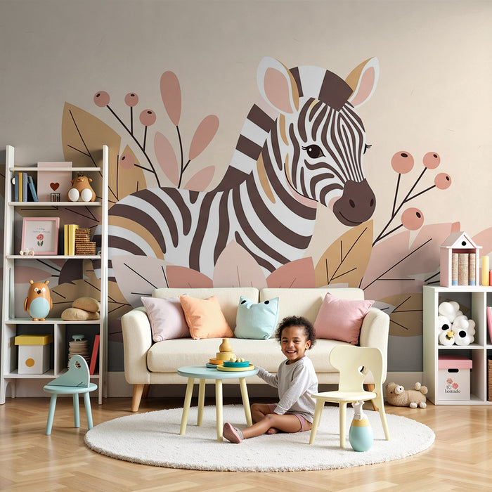 Babykamer behang | Schattige zebra omringd door zachte bladeren